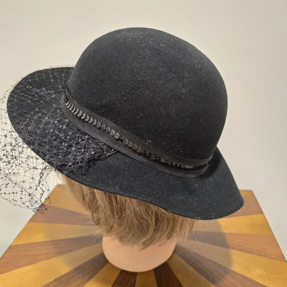 True Vintage Lancaster Black Wool Felt Hat Face Netting USA Black Sequin Classy